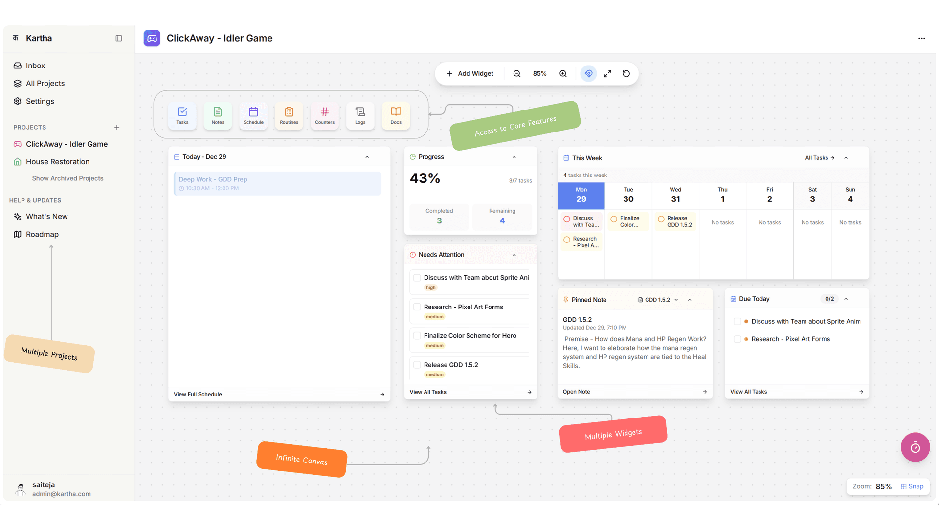 Kartha Dashboard — tasks, notes, habits and calendar unified in one workspace
